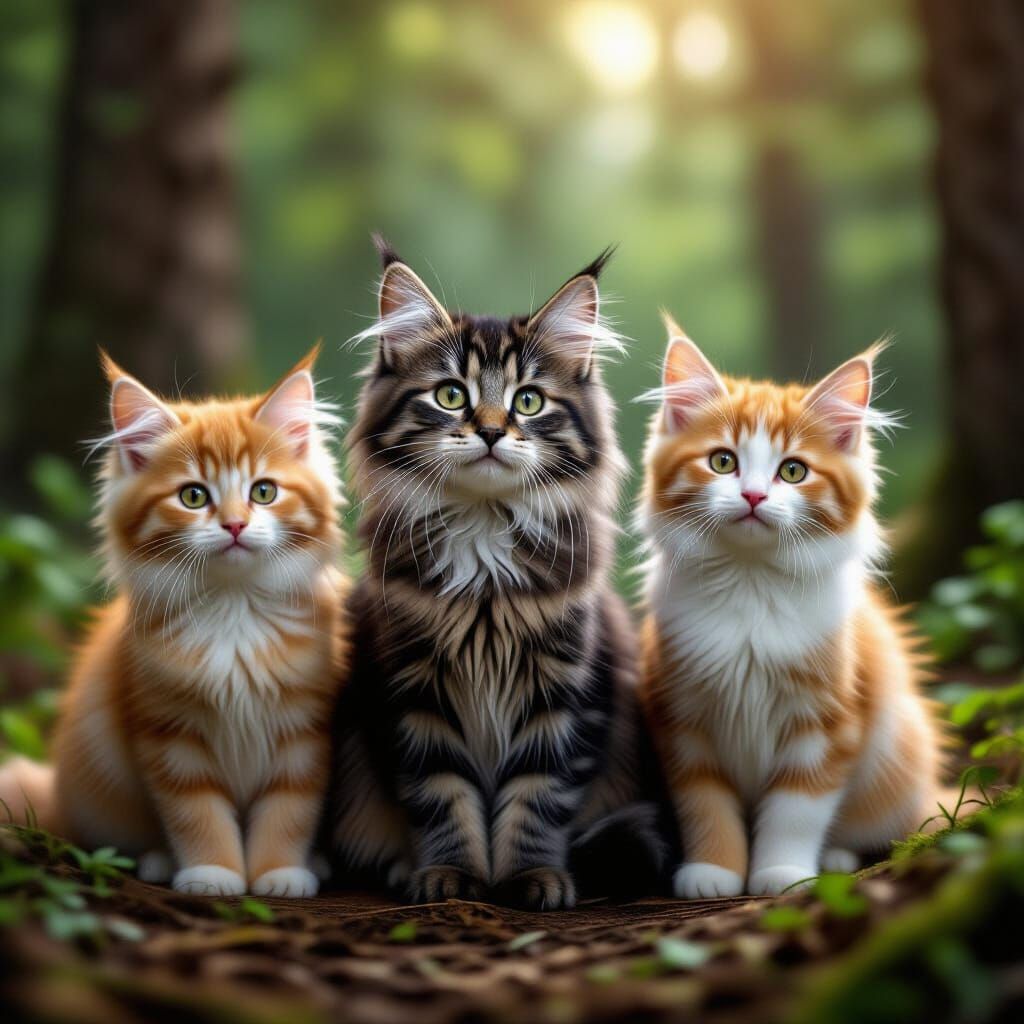 Three Cats Exploring a Mystical Forest