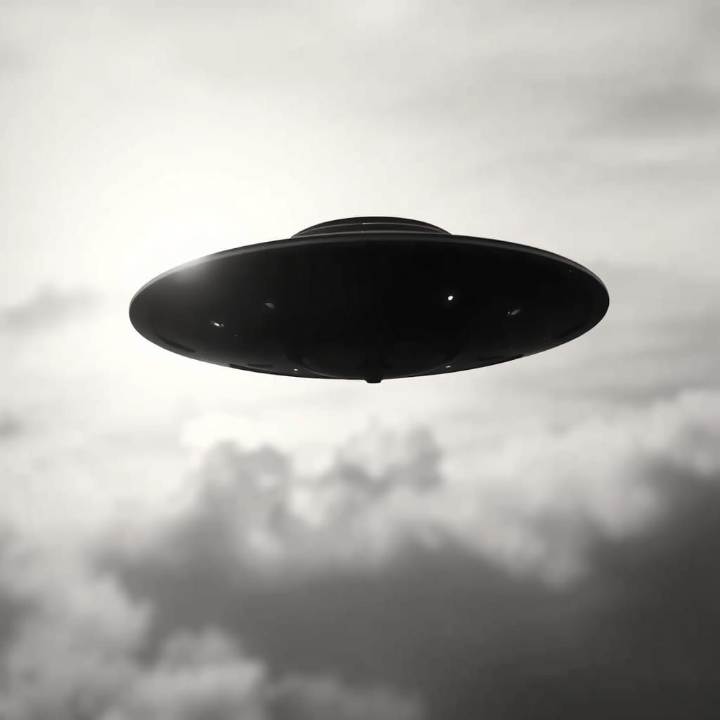 Mysterious UFO in Moody Black and White Skies