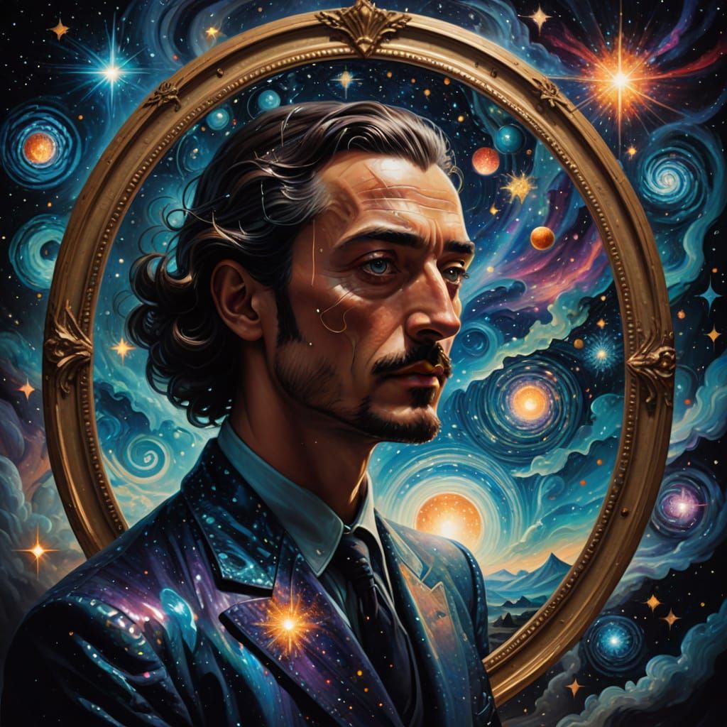 Surreal Figure Contemplates Cosmic Reflections in a Starry M...