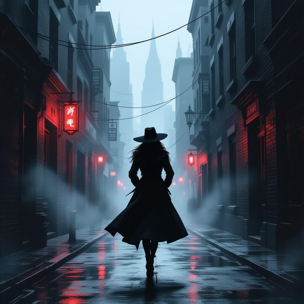 Dark Alleyway Chase in Sketchy Sci-Fi Style