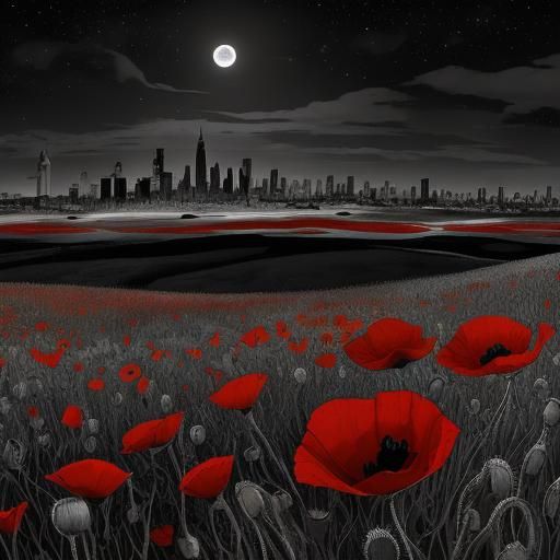 London Skyline Through Poppies: Selective Color Ink Sketch
