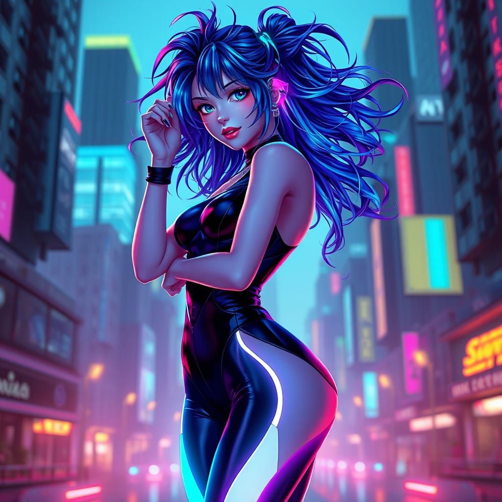 Cyberpunk Woman with Neon Accents in 3D Anime Style