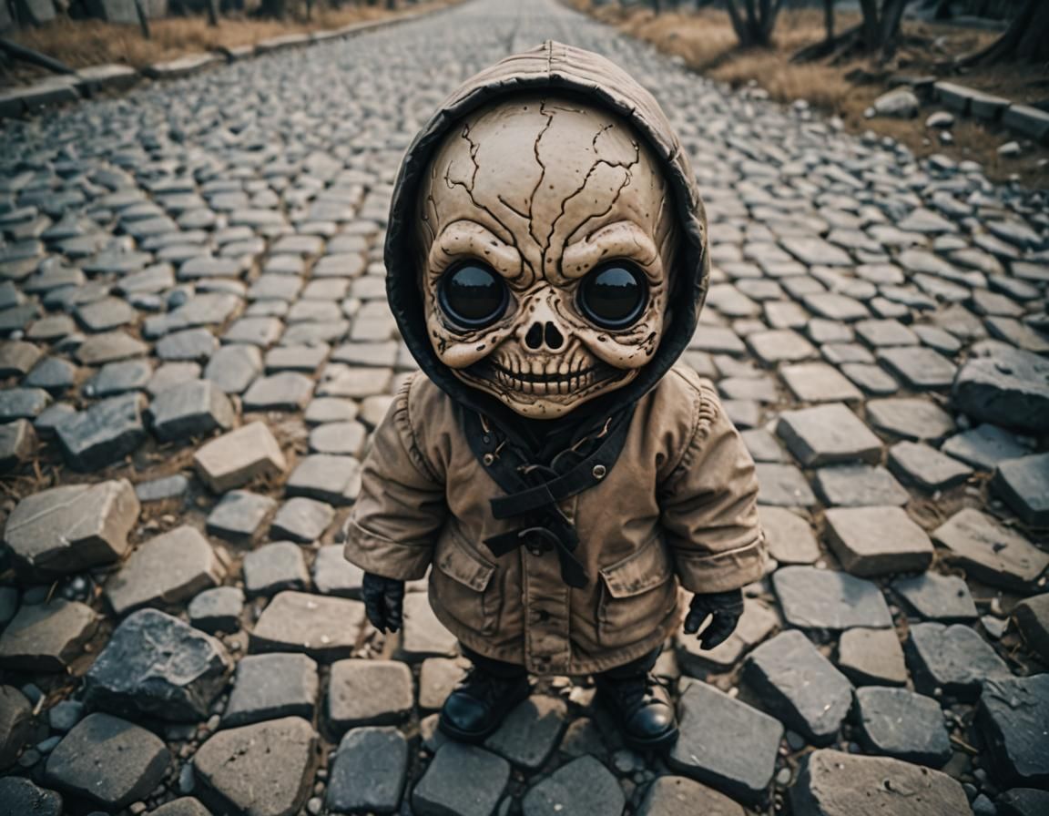 Sinister Man Portrait on Cobblestone Landscape