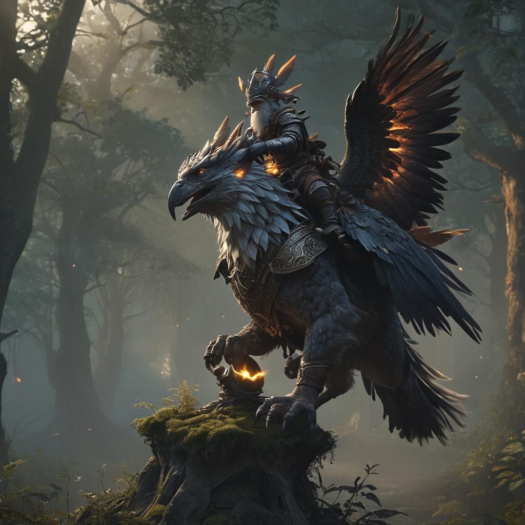 Gnome Rides Gryphon in Mystical Forest: Fantasy Art