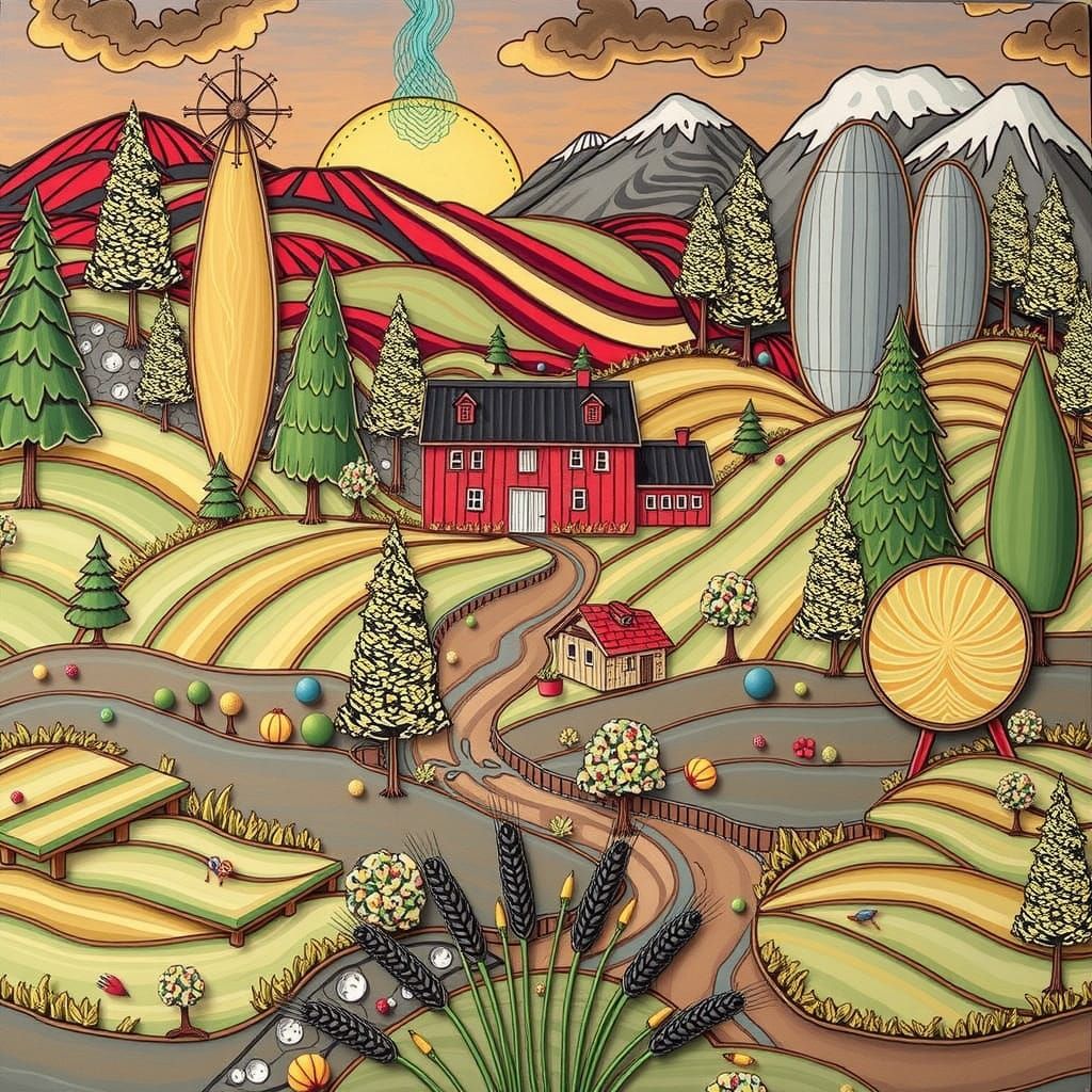 Golden Hour Landscape with Fertile Meadows