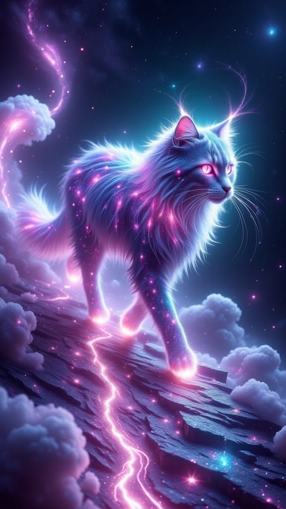 Majestic Galactic Cat Strolls Across Celestial Bridge