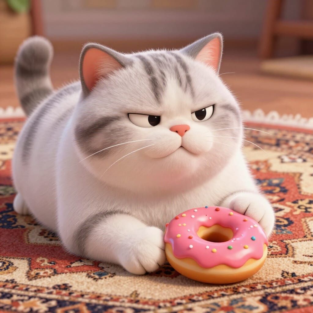 Plump Tabby Cat Lazing on Rug with Donut