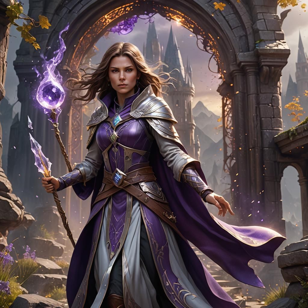 Powerful Female Wizard in Silver and Amethyst