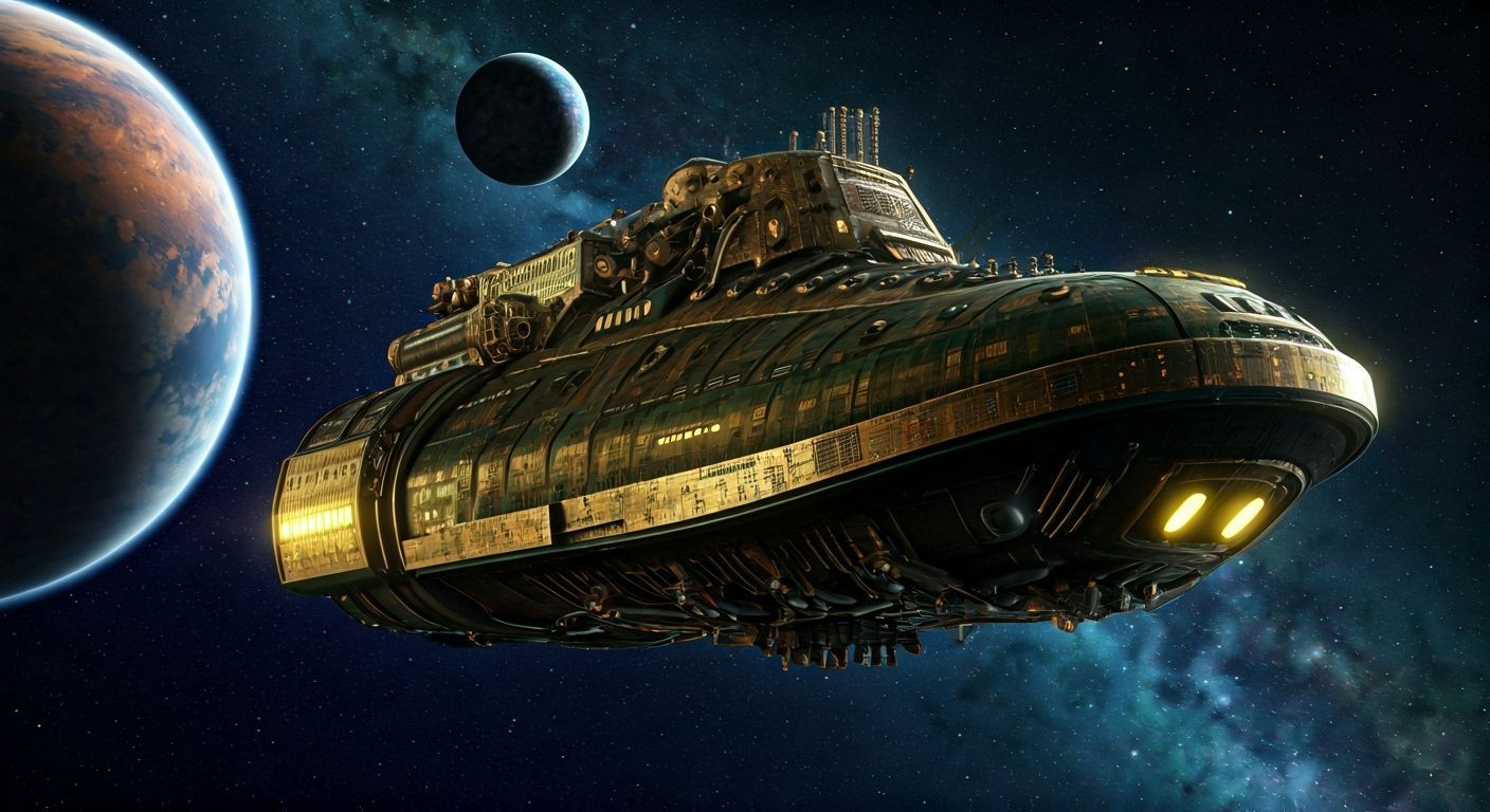 Steampunk Starship Flies Past a Planet