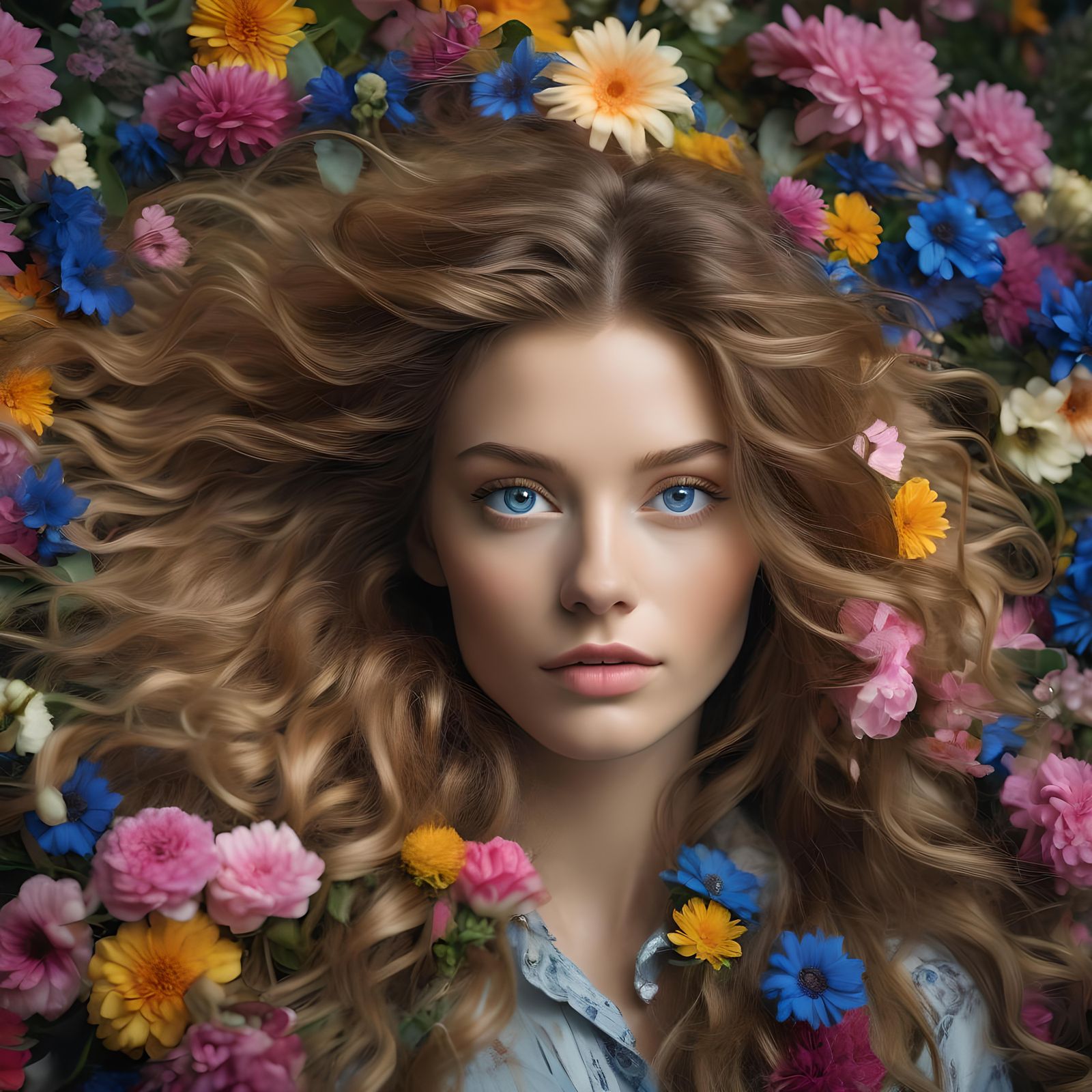 Floral Portrait of a Blue-Eyed Woman