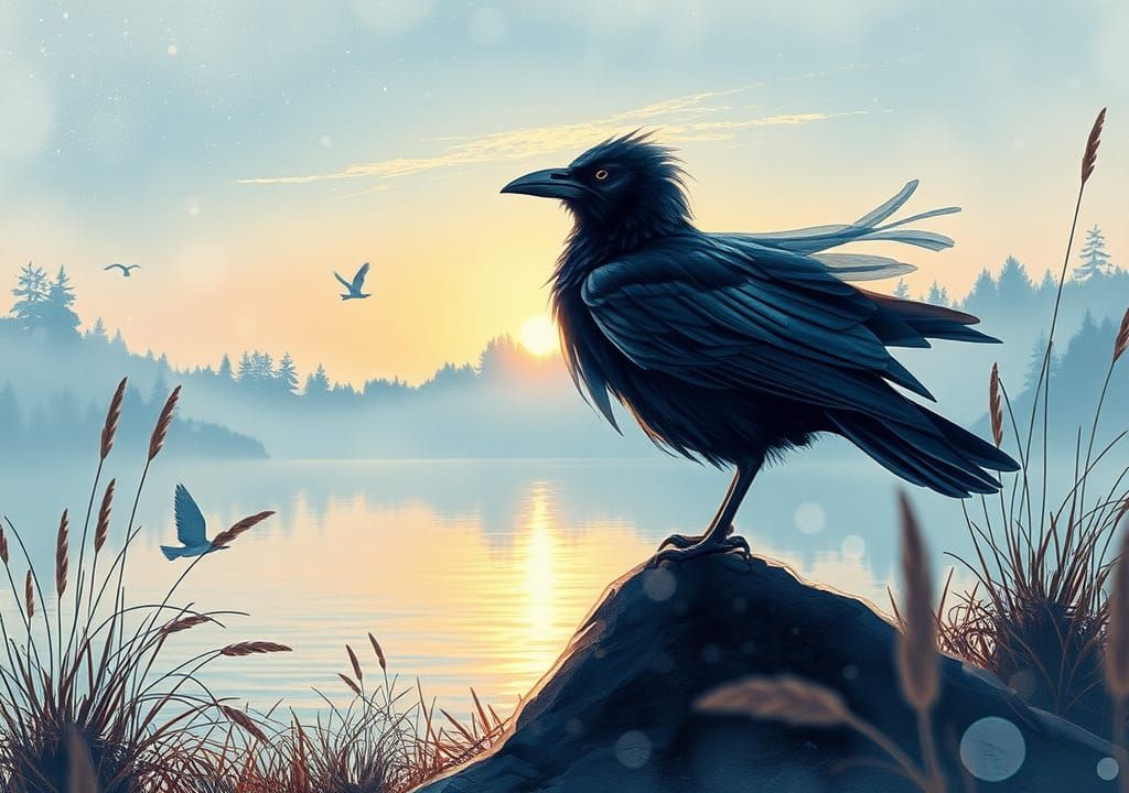 Crow on Rock: Double Exposure Watercolor Illustration