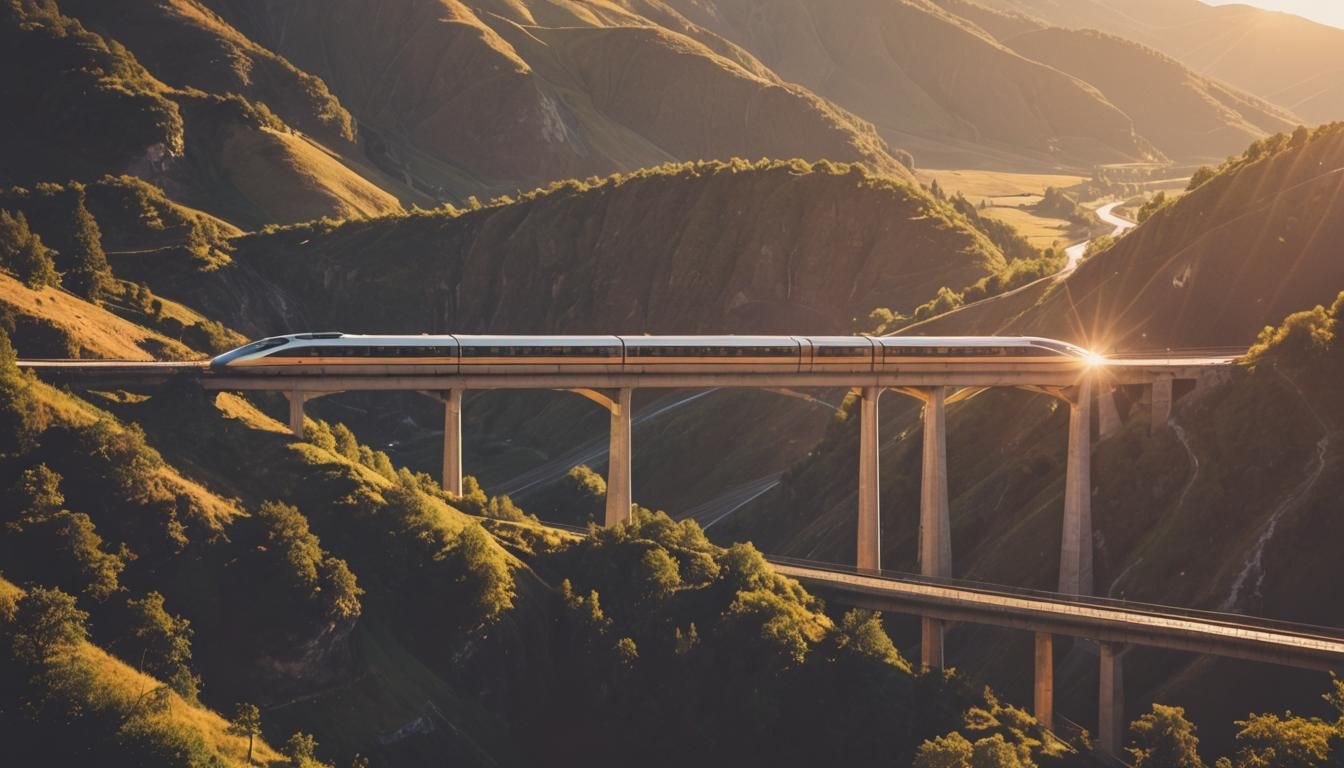 Retrofuturistic TGV Train Speeding Over Bridge