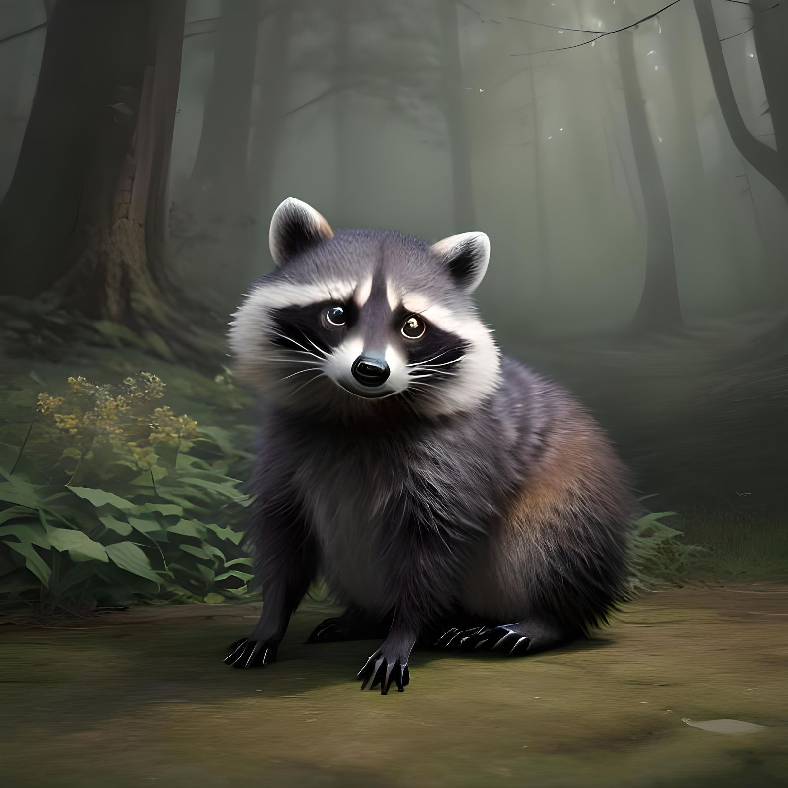 Hyperrealistic Raccoon with Fireflies and Sakura Petals