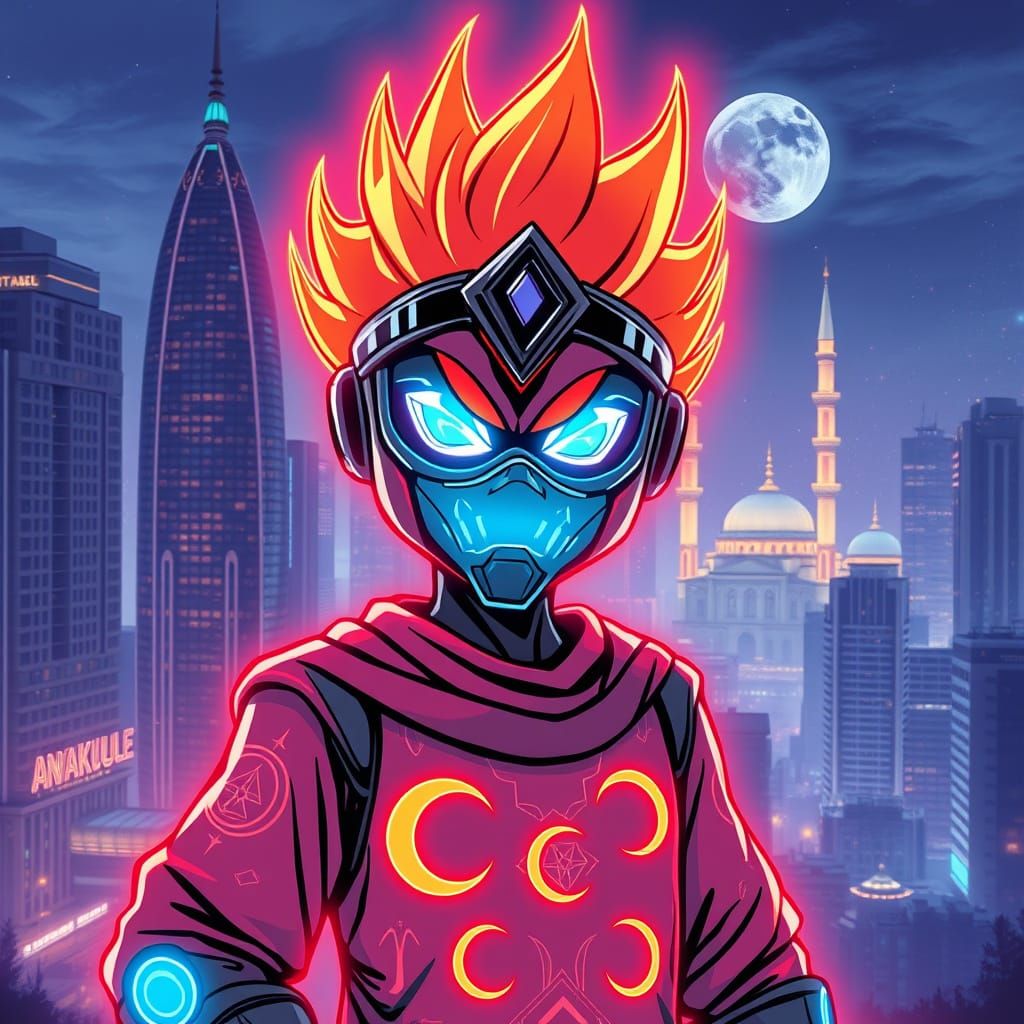 Anime Mascot in Cyber-Ottoman Style with Ankara Skyline