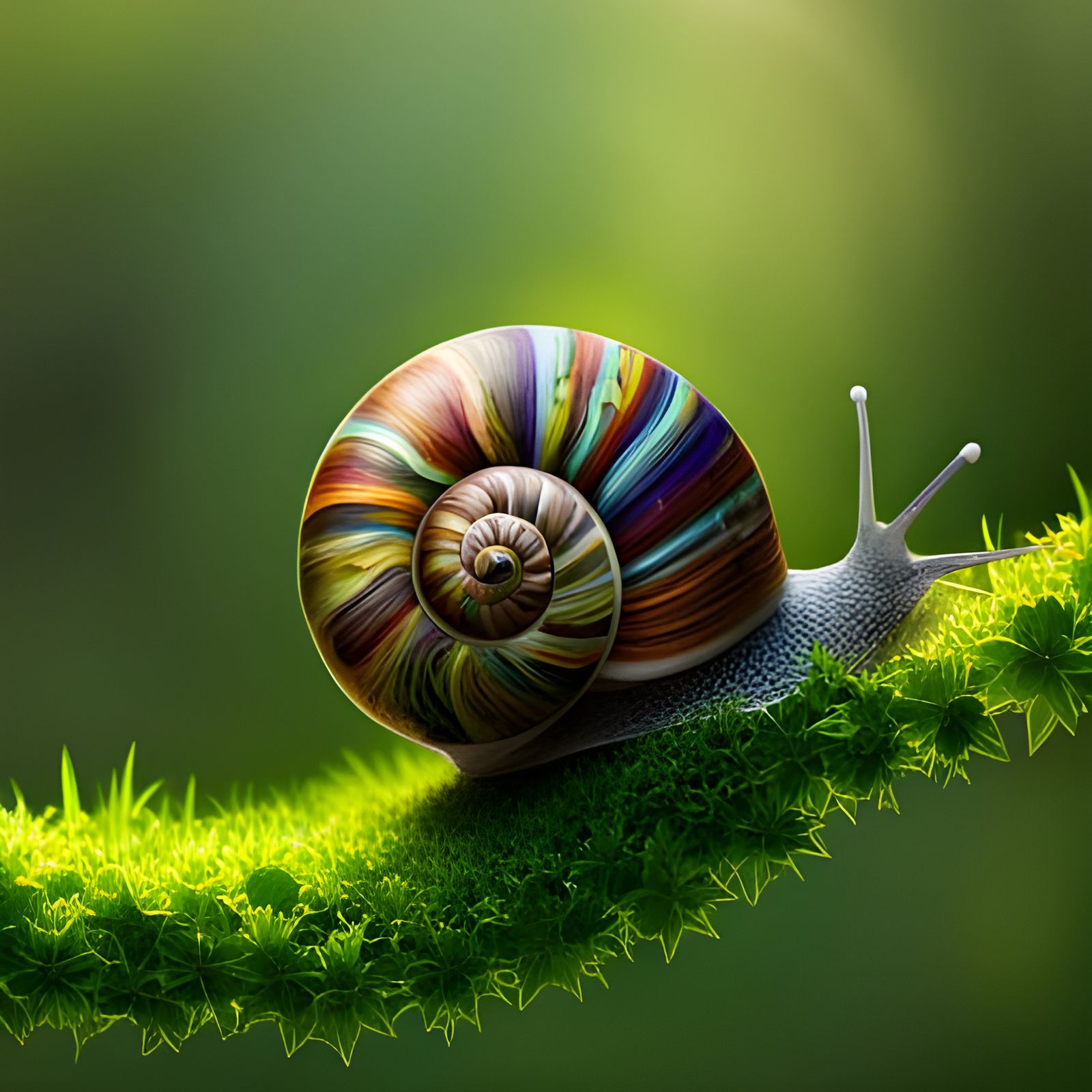 Iridescent Vineyard Snail in Green Microecosystem