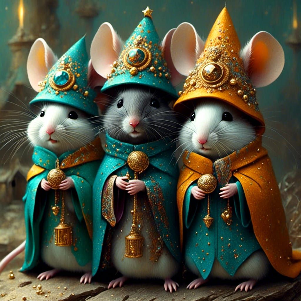 Cute three mice dressed as the three wise men going from house to house