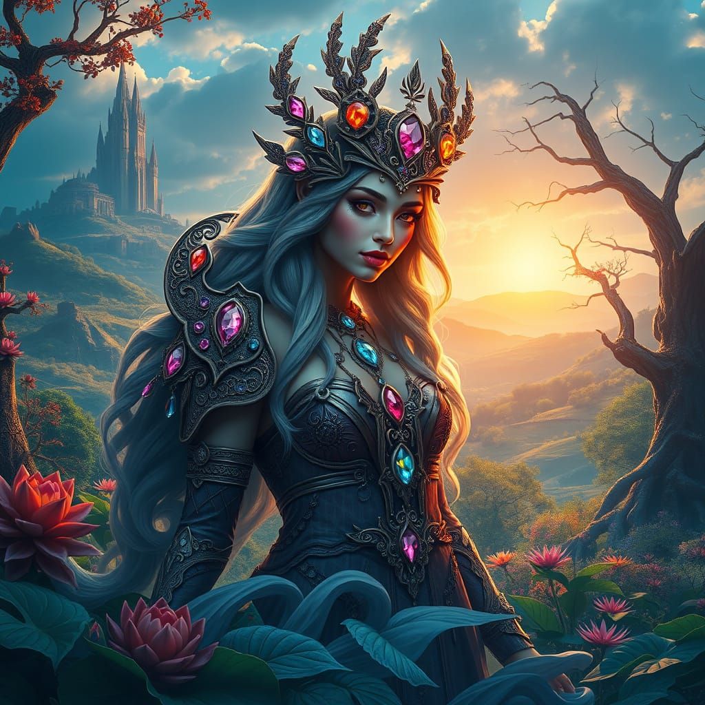 Enchanted Sorceress Amidst Whimsical Fantasy Realm