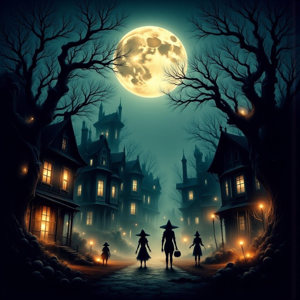 Gothic Halloween Night with Haunted Houses and Eerie Costume...