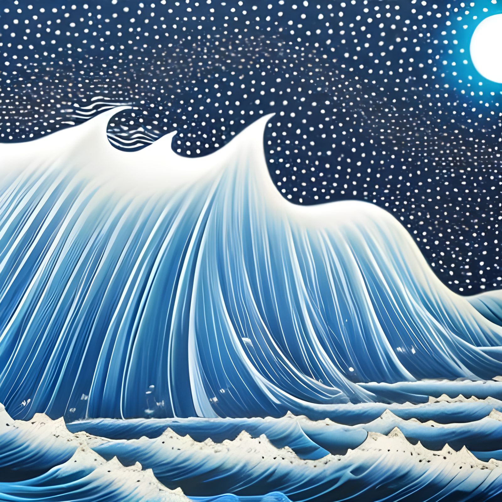 Bioluminescent Tidal Wave Under Starry Moonlit Sky