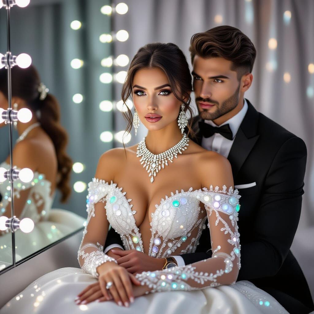 Woman in White Dress in Dressing Room Before Lit Mirror