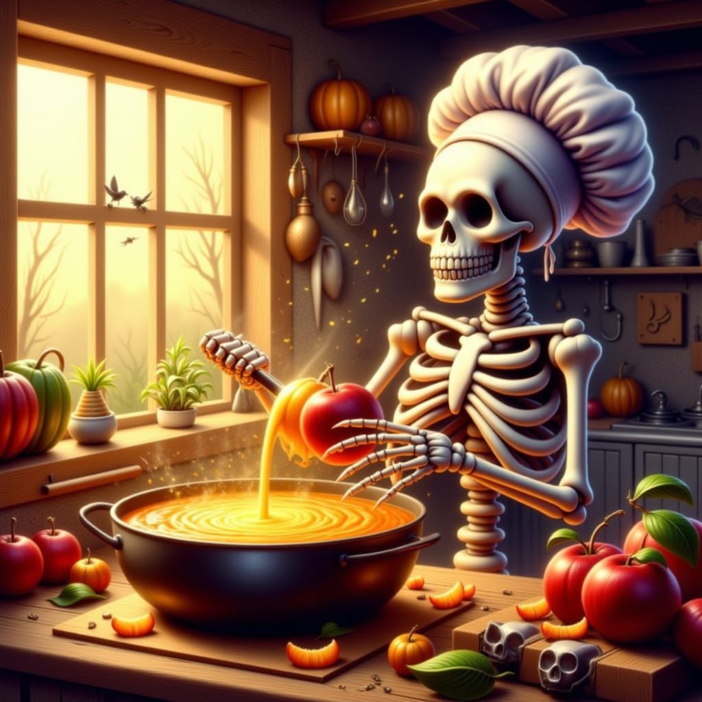Cute Skeleton Makes Apple Cider in Rustic Kitchen