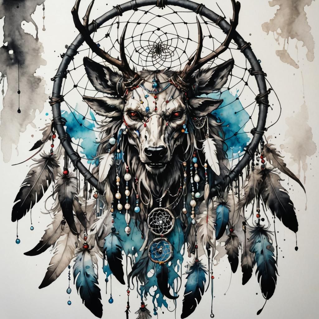 Wendigo Dreamcatcher in Ink and Watercolor Style