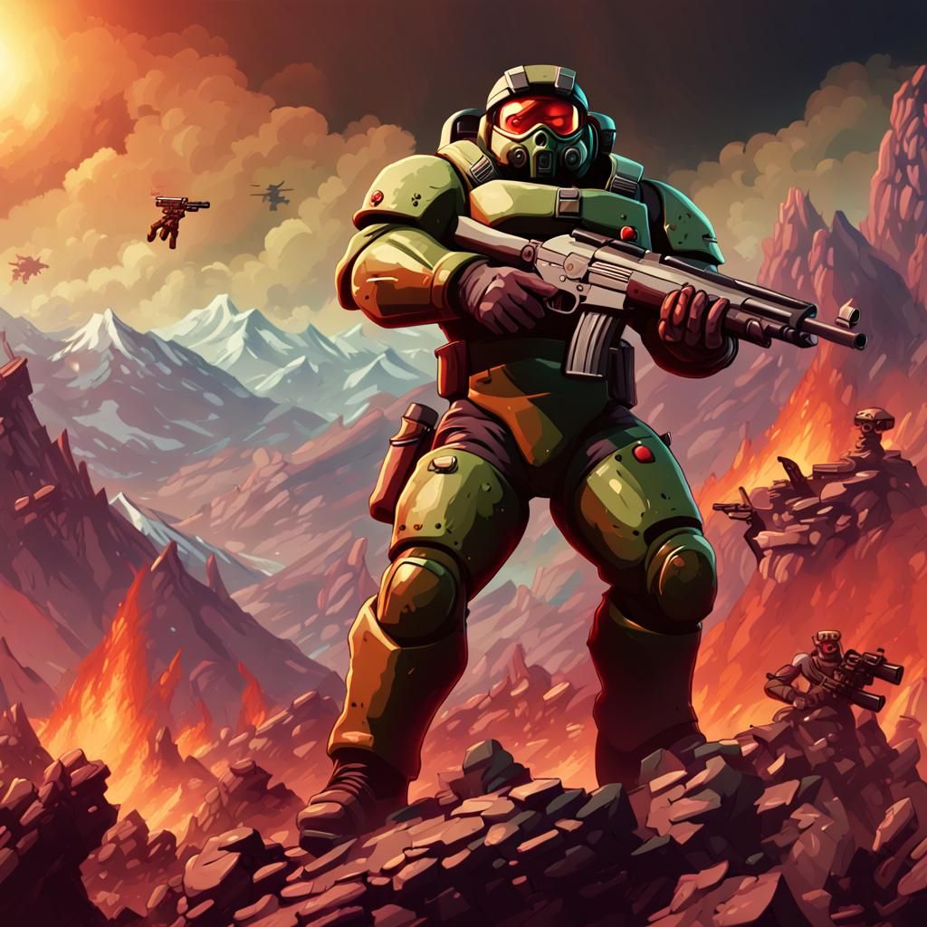 An action packed portrait of doomguy standing on top of moun...