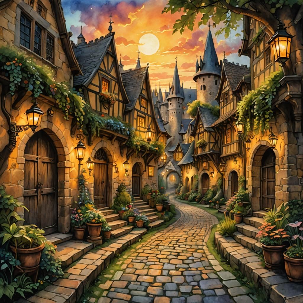 Fantasy Village Sunset Panorama in Botanical Art Style