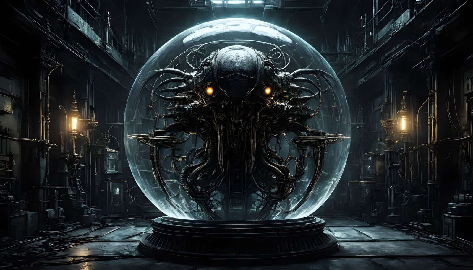 Cyberpunk Alien Machine in a Glass Sphere