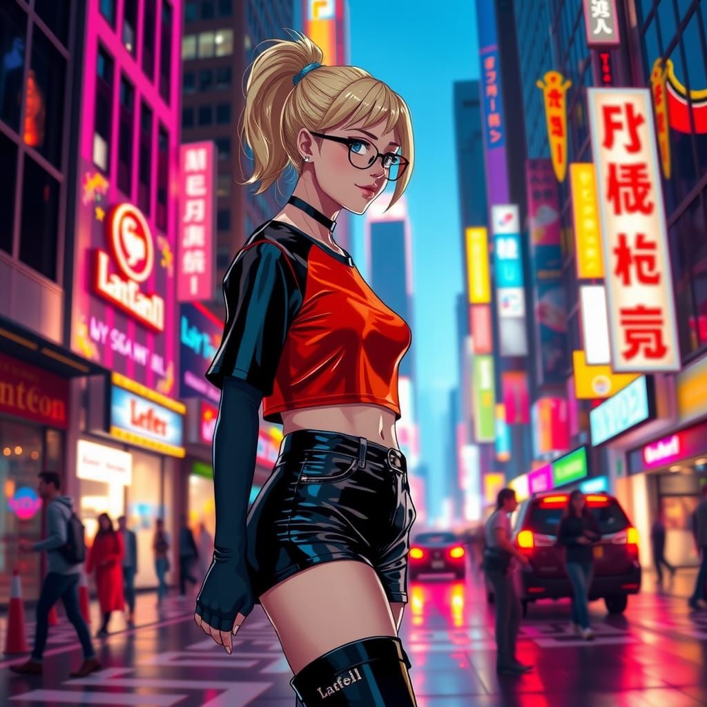 Anime-Style Woman in Latex Walking on City Street