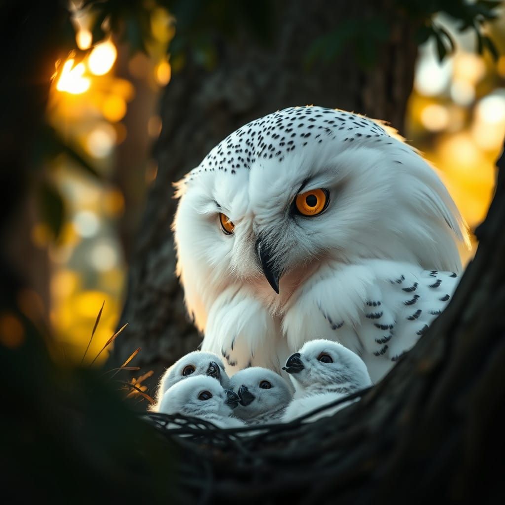 Majestic Snow Owl Feeds Chicks in Idyllic Forest Scene