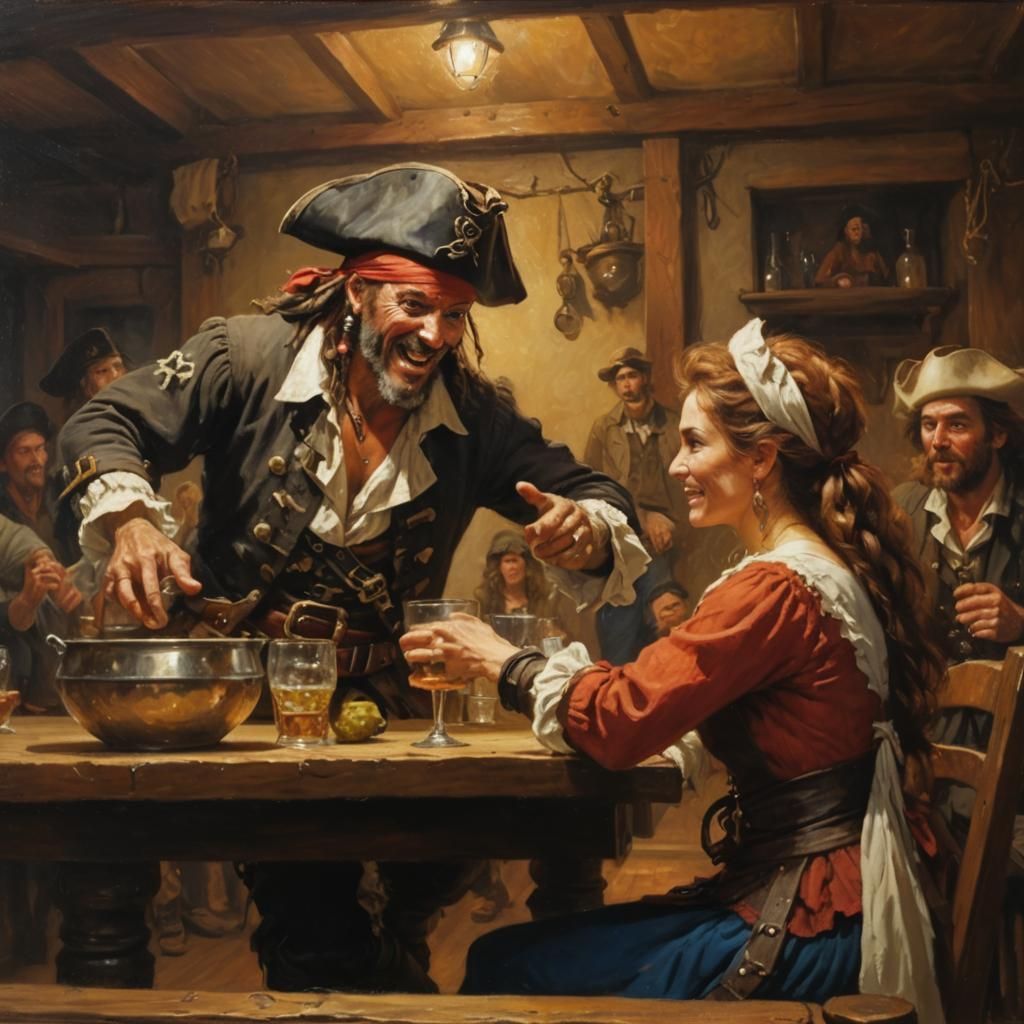 Pirate and Woman Dancing in Tavern, Oil Painting