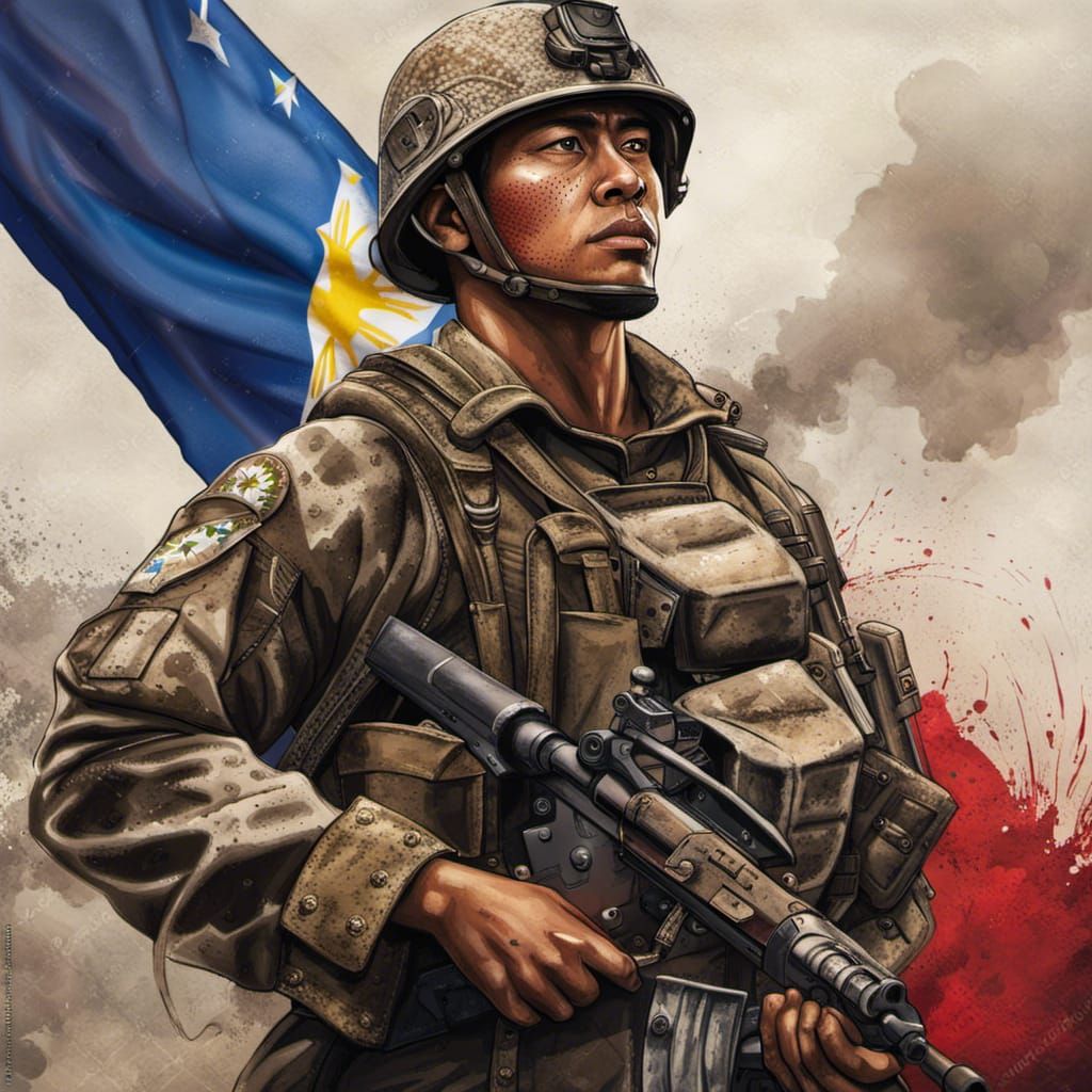 Filipino Soldier with Flag in Hyperrealistic War Art