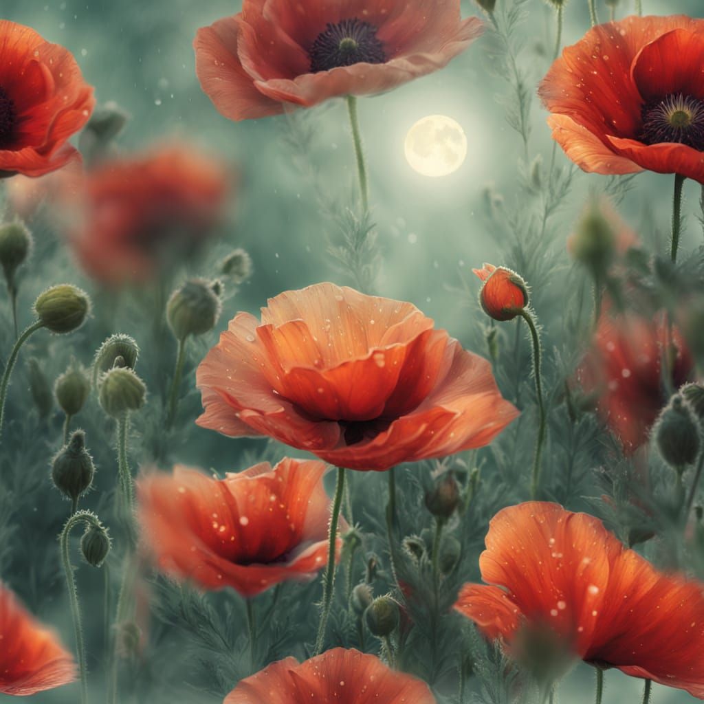 Mystical Poppy in Twilight with Full Moon