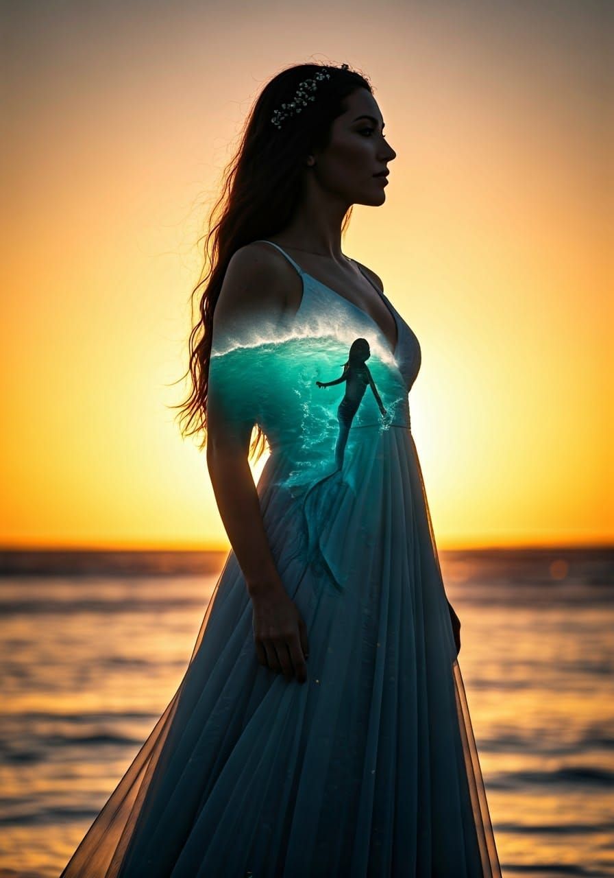Sunset Silhouette with Mermaid Double Exposure