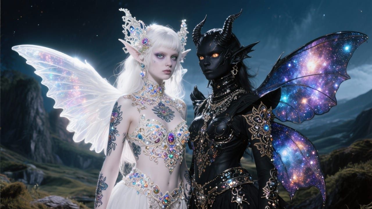 Angel and Demon Made of Nebulae in Fairypunk Style