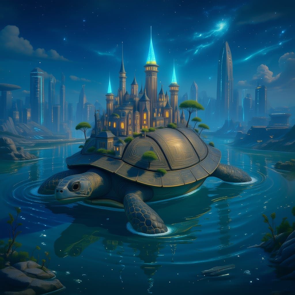 Gigantic Turtle Carries City Across Water