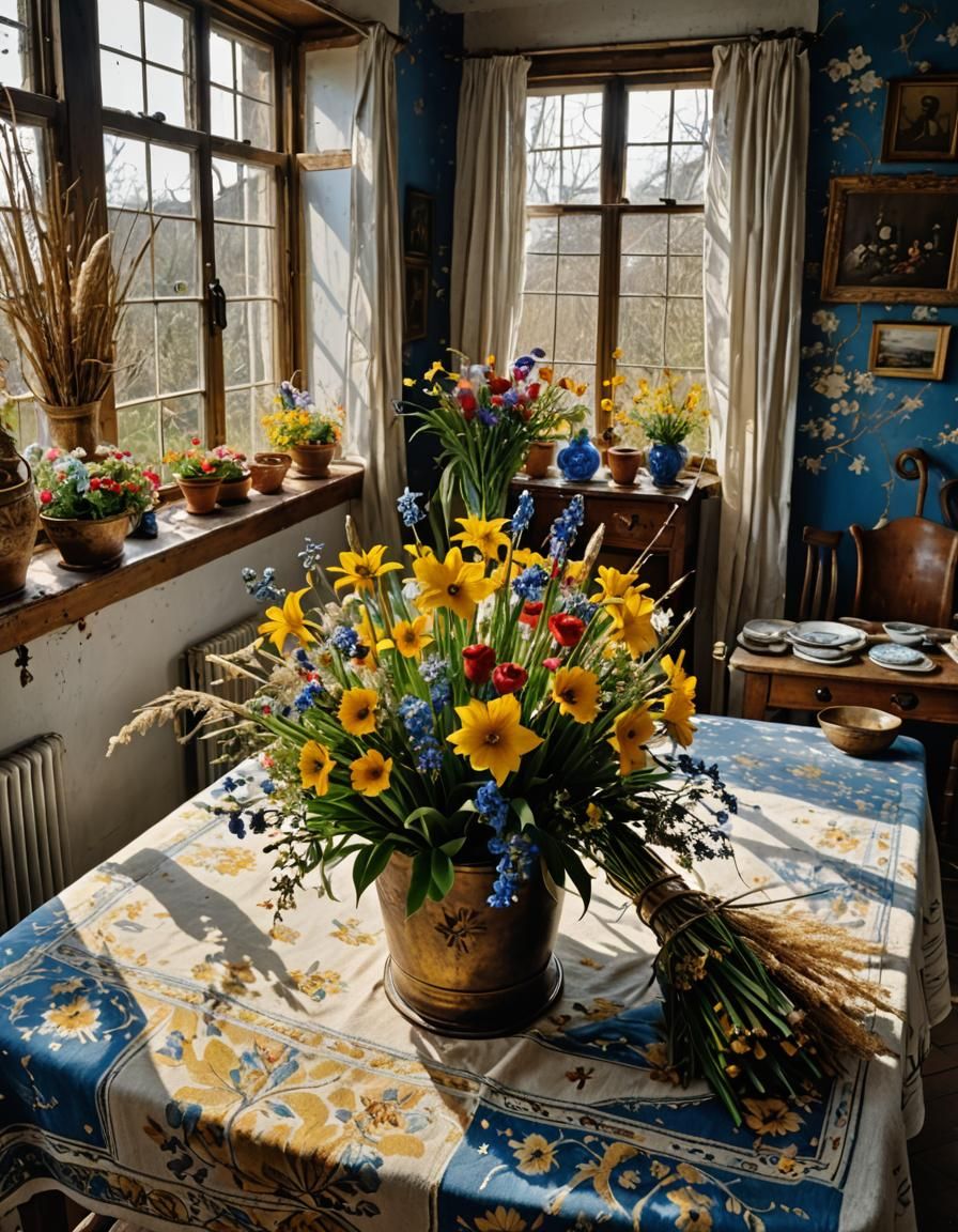 Floral Still Life with Delft Blue and Golden Accents