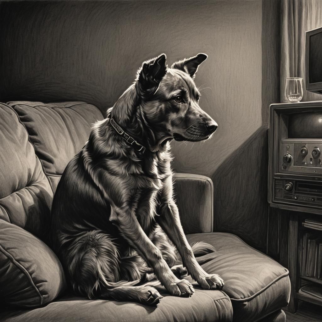 Dog Watches Television: Expressionist Charcoal Drawing
