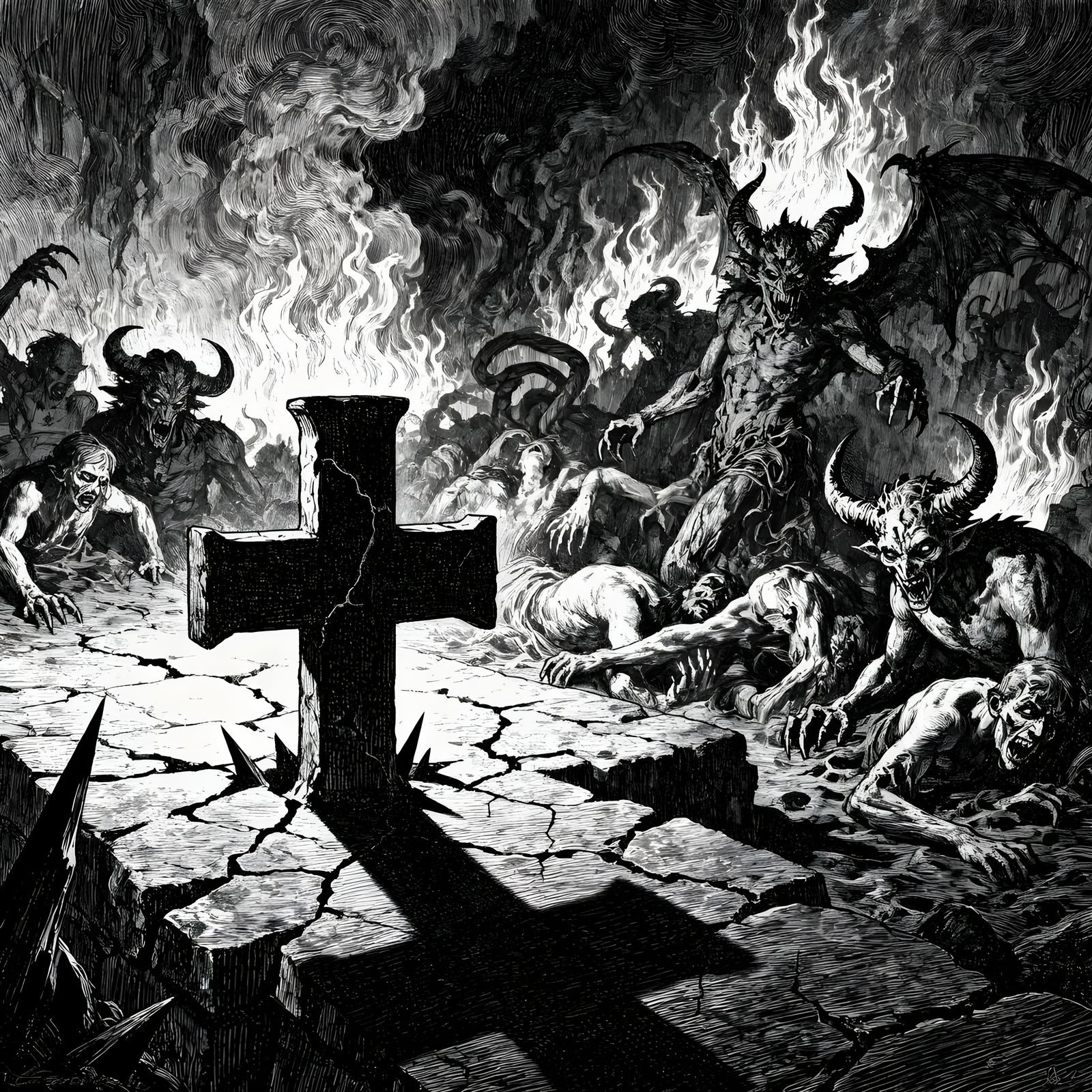 Demons Tormenting Souls in Fiery Hellscape