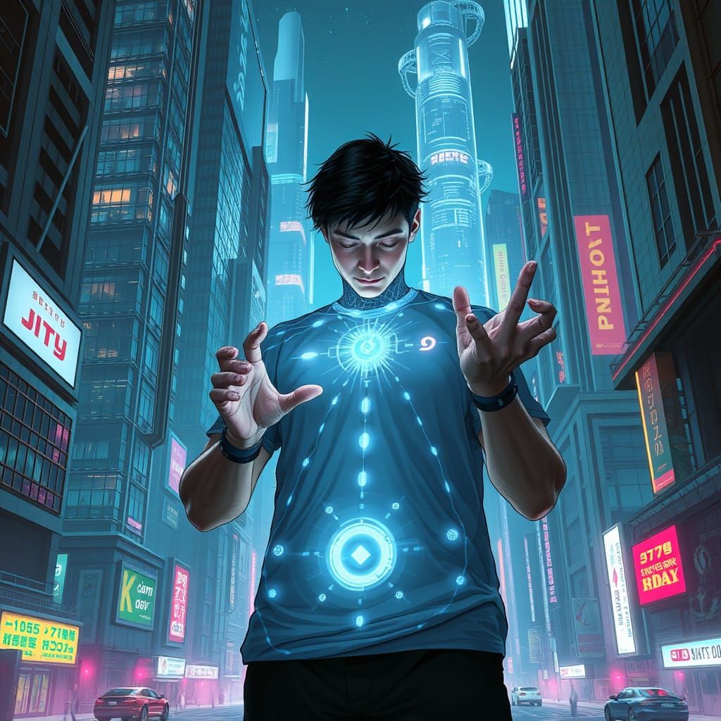 Telekinetic Tech User in Neon Cyberpunk Cityscape
