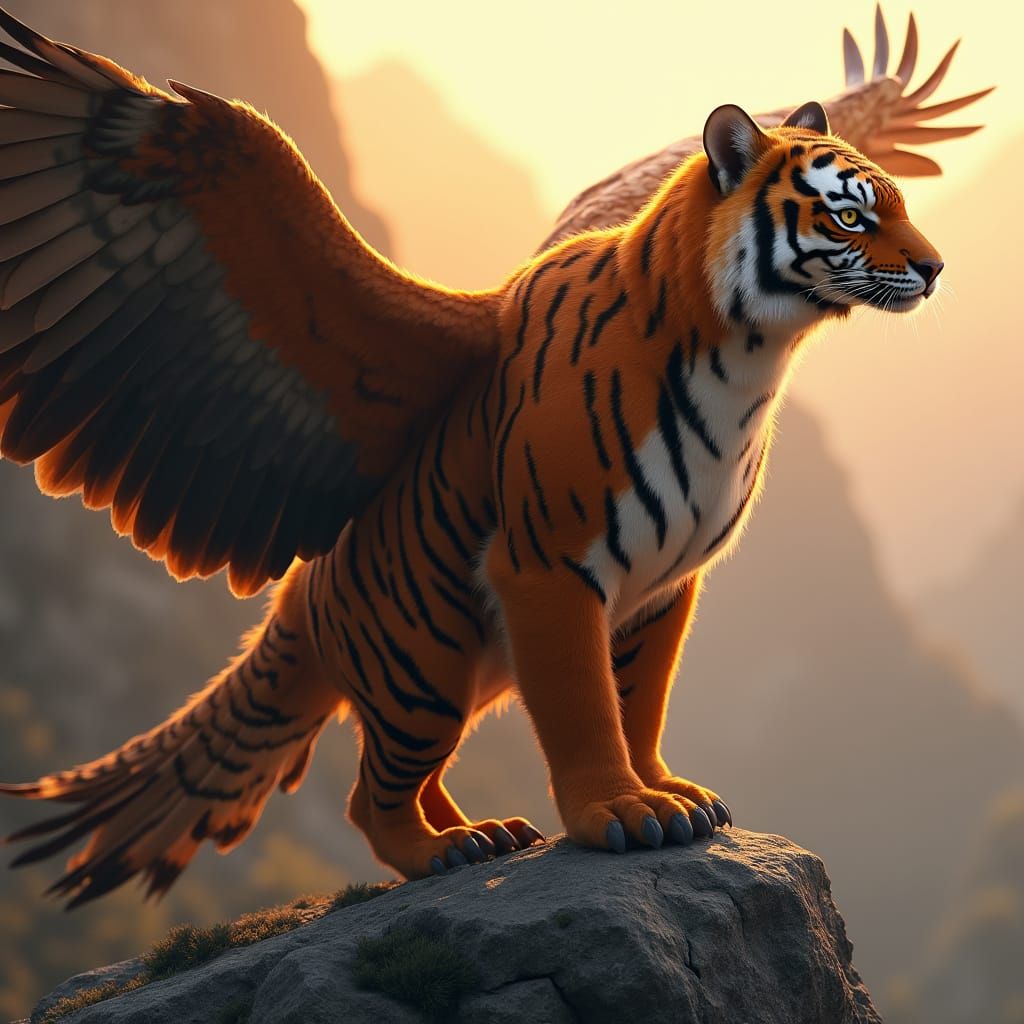 Majestic Tiger-Eagle Hybrid on Misty Mountain, Photorealisti...