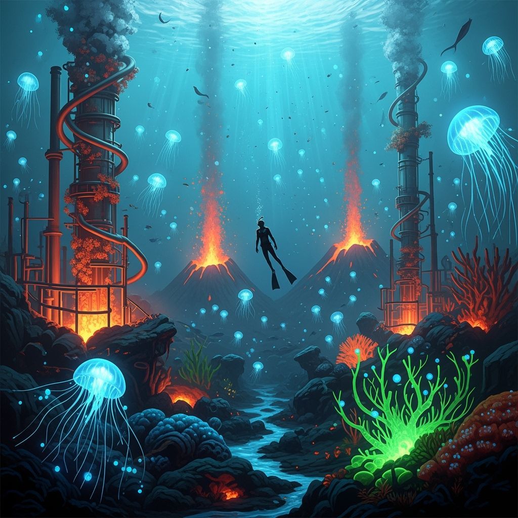 Bioluminescent Deep Sea Diver in Dreamlike Digital Art
