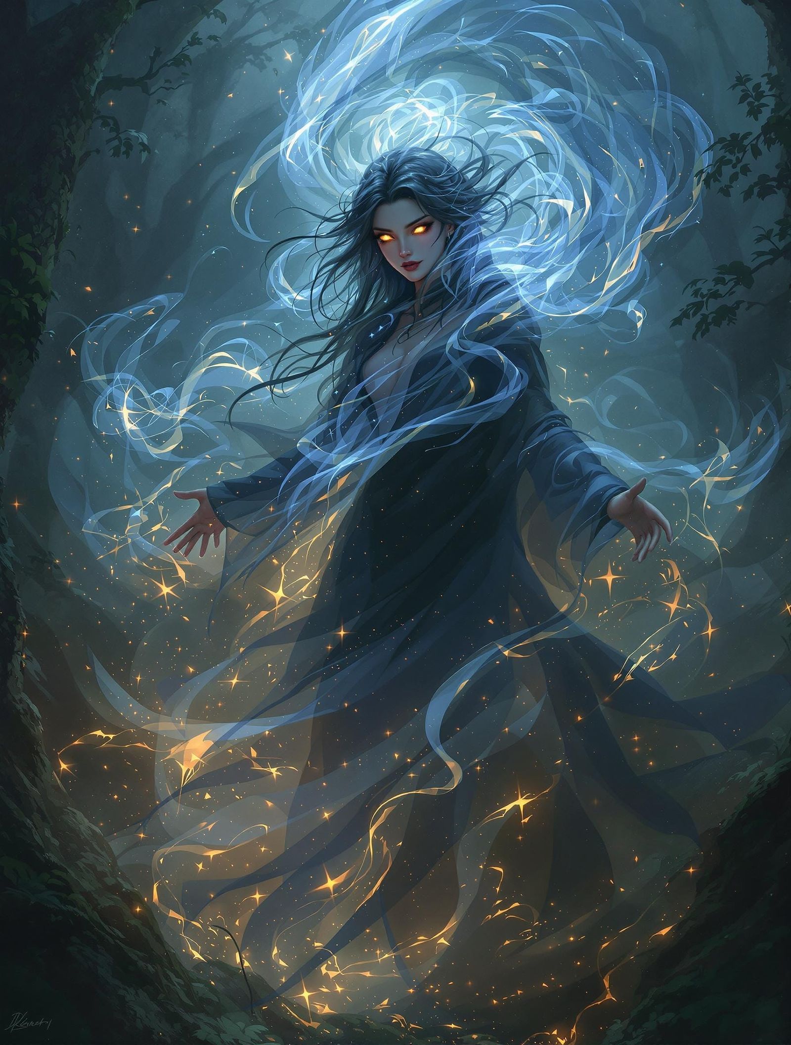 Ethereal Sorceress Emerges from Misty Forest, Digital Art