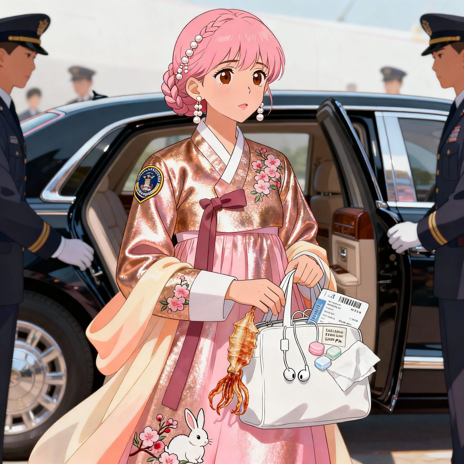 Elegant Korean Woman Escorted to Presidential Car, Pastel An...
