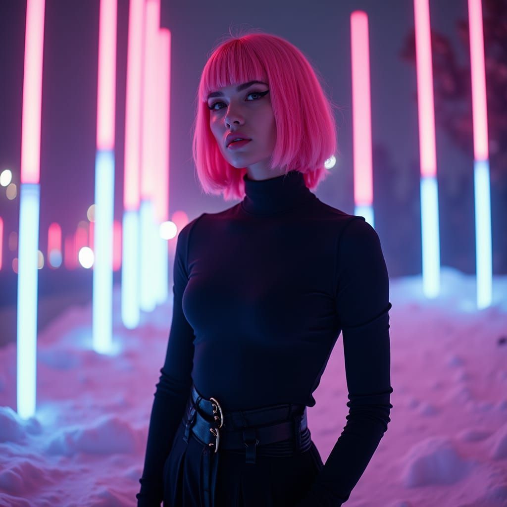 Surreal Pink Haired Woman in Neon Abduction Scene