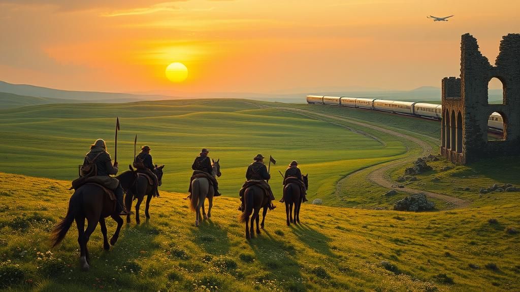 Travelers on Horseback in Emerald Green Meadow