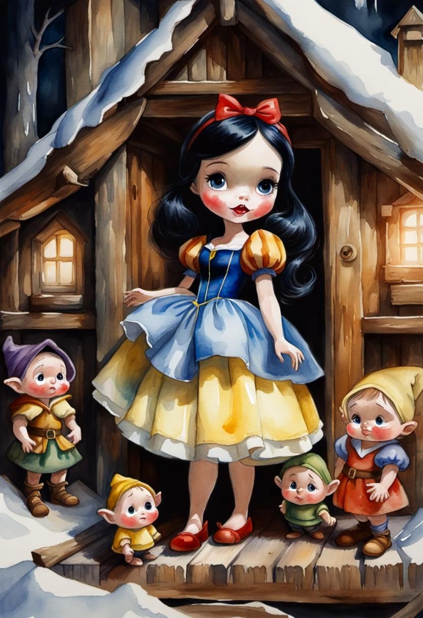 Snow White Blythe Doll with Dwarfs: Watercolor Painting
