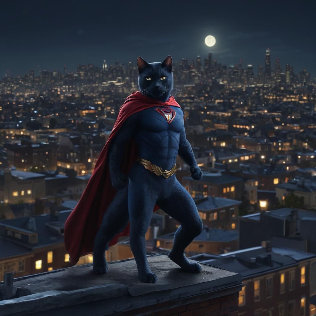 Hyperrealistic Superhero Cat Protecting City at Night