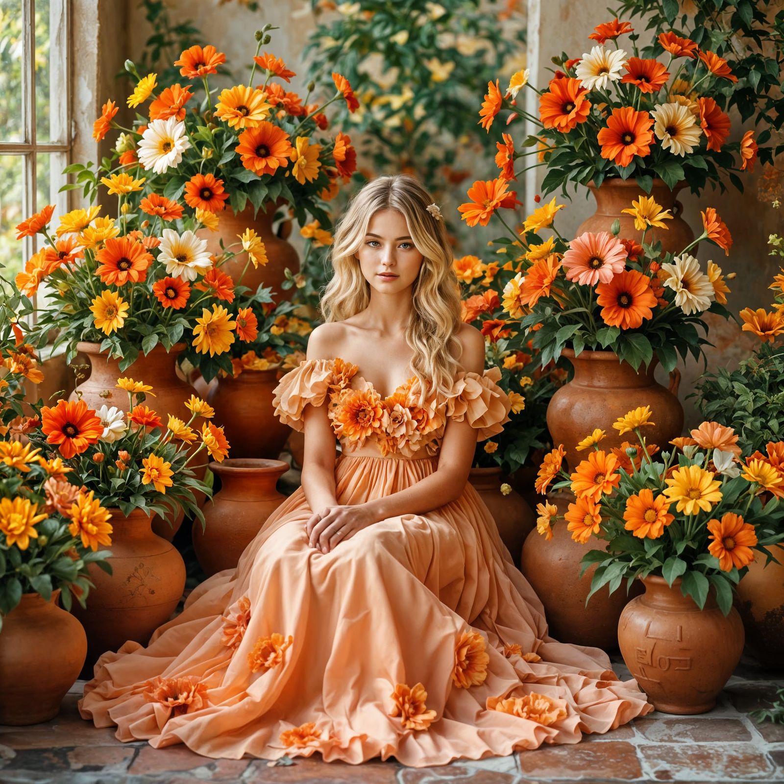 Girl in Orange Garden with Clay Pots